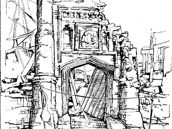 illustration of ruined church, from front cover of Scole Committee publication