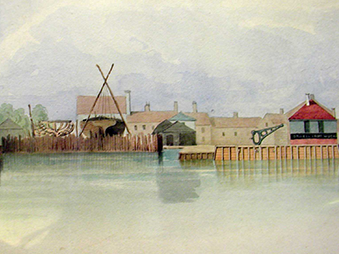 1837 painting of Ipswich docks showing river  structures and ship building