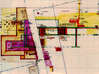 coloured plan drawing of roman villa by basil brown