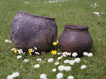 two grey pots sitting on grass surrounded by daisies