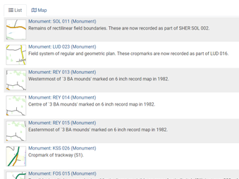 screenshot of the database entries for Suffolk Historic Environment Record