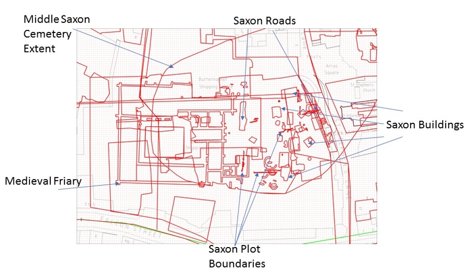 Butter market Ipswich map of archaeological features and excavation areas