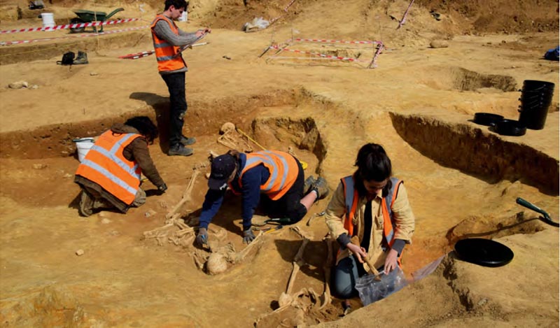 four people excavating skeletons