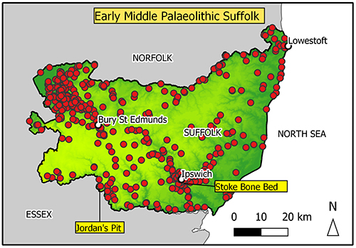 map of Suffolk with a concentration of findspots in the Breckland/fen edge area and Gipping Valley.