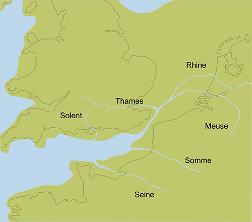 Map of Britain and mainland Europe showing the two connected by the Doggerland plain