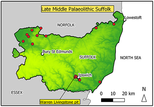 There is a loose concentration in the Breckland/fen edge area and in the Gipping Valley,