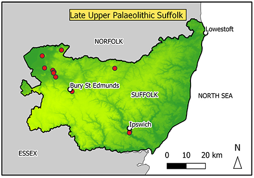 map of Suffolk with concentration of findspots in the Breckland/fen edge area.