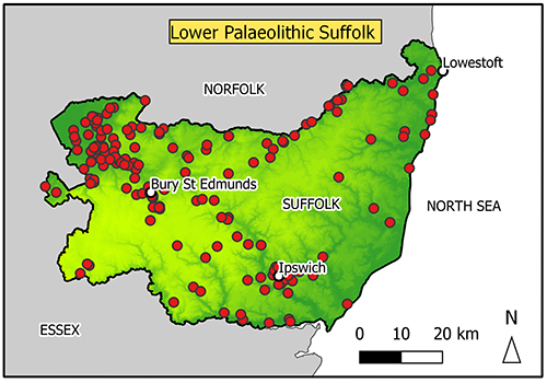 Map of Suffolk with findspots marked. There is a concentration in the North West.