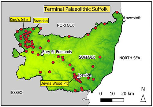 map of suffolk with findspots in Breckland/fen edge area, Ipswich and larger river valleys.