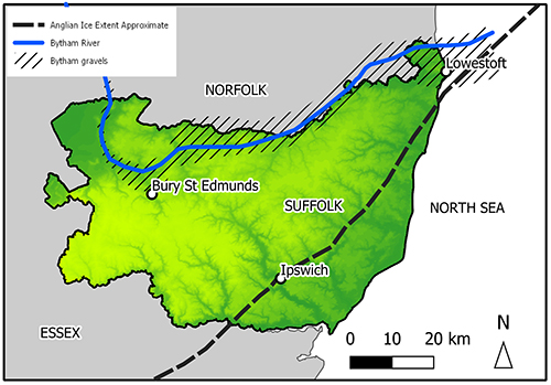 map of Suffolk with route of Bytham River