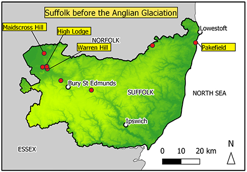 The image shows a map of Suffolk with 8 points marked. Mostly in the north of the county.