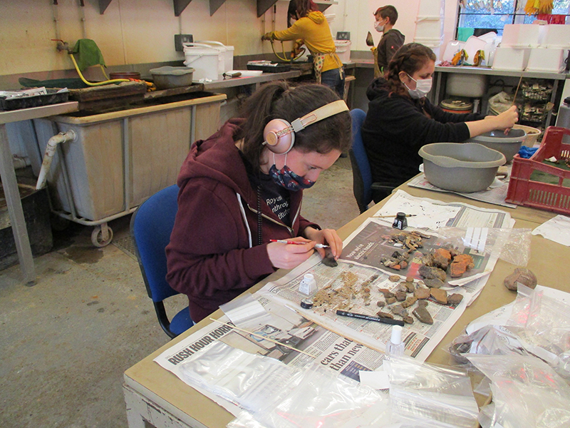 people at desk with artefacts